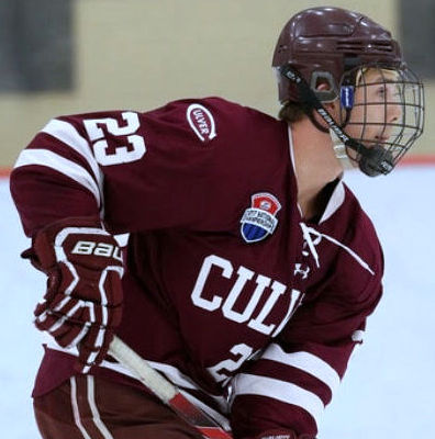 Culver Academies’ Defenseman Bryant Gunn is tendered by Rebels