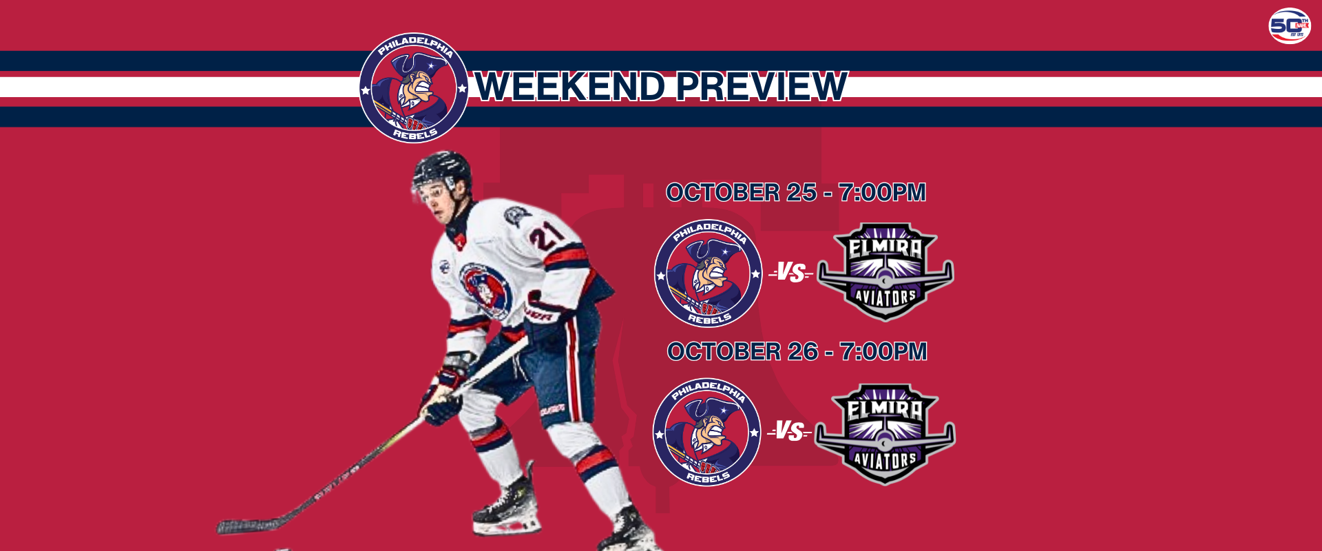 Weekend Preview: 10/25 & 10/26 - Rebels travel to Elmira to face expansion Aviators