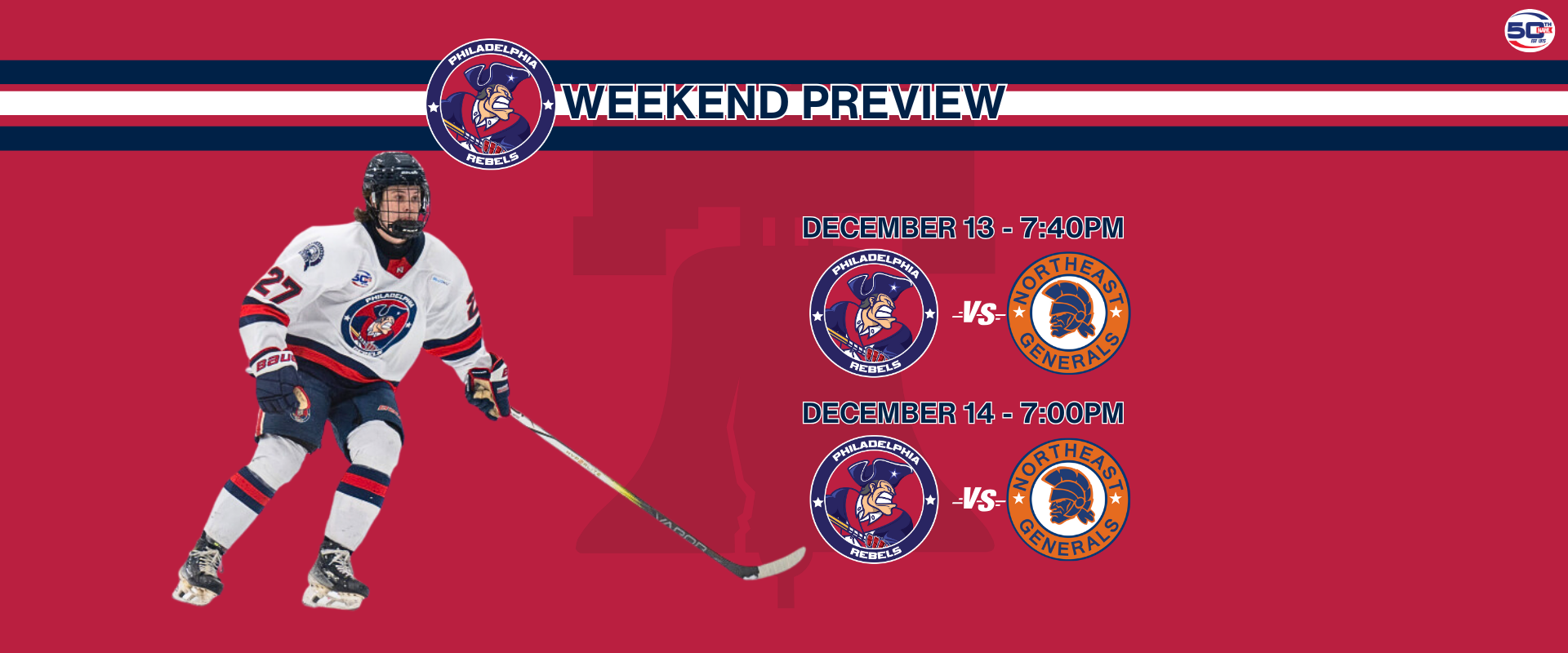 Weekend Preview: 12/13 & 12/14 – Rebels travel to Canton, MA to take on Generals